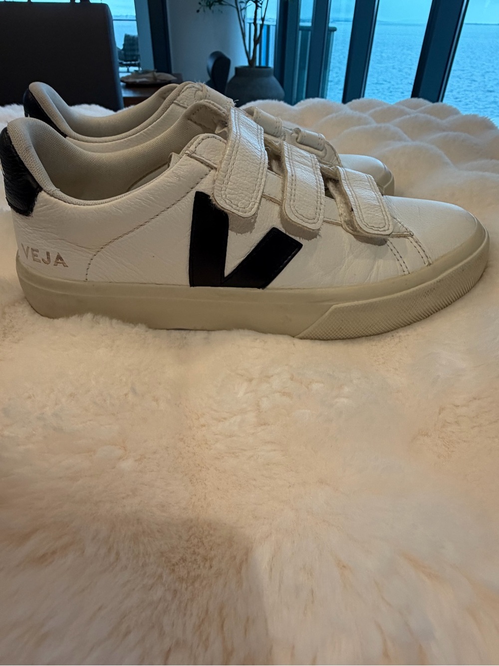 VEJA White Leather Black V Logo Velcro Sneakers Size 38 US 7